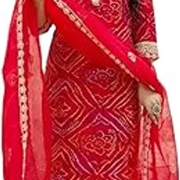 radhika lady fashion Traditional Bandhani Print Salwar Suit, Red cotton with Gold Embroidery, 3 Piece Set-picture-31