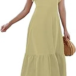 sugathari Girl's & Women's Solid Color Square Neck, Ruffle-Trimmed Hem Sleeveless, Ruffle Armhole and Casual Dress with Cinched Waist Vacation Outfits Woman (Dress 176)-picture-15