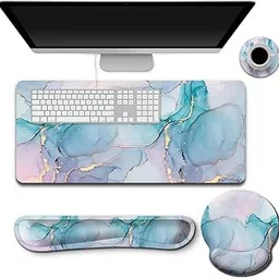 ZORBES® Set of 4Pcs Gaming Mouse Pad Wrist Support Set, Including Desk Pad, Mouse Pad with Wrist Rest, Keyboard Wrist Rest, Coaster, Ergonomic Non-Slip Gaming Desk Mat for Home, Office, Blue Marbel-picture-19