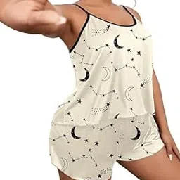 Women's Plus Size Casual Pajamas Set Satin Sleepwear Moon & Star Print Smooth Cami Top & Shorts 2pcs Pajama Set White-image-9