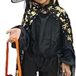 BookMyCostume Golden and Black Witch Cape with Hat - Witch Costume for Girls with Printed Witch Pumkin Design and Pumpkin Basket Combo | Halloween Costume for Girls 4-14 Years,Polyester-image-17