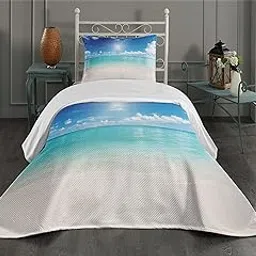Ambesonne Ocean Coverlet, Sky and Sea Landscape Sand Tropical Beach Clouds Sun Hot Heaven Summer, 2 Piece Decorative Quilted Bedspread Set with 1 Pillow Sham, Twin Size, Cream Turquoise White-picture-19