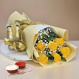 EG2i Fresh 6 Yellow Rose Flower Bouquet With 16 Pcs Chocolate Box, Roli, Chawal & 2 Rakhi Set | Special Bunch for Rakhi Festival, Brother Gift | Real Bookey Flowers | Same Day Delivery-image-29