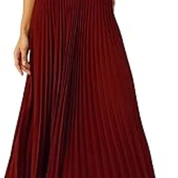 kzully | Flowing Grace Women's Satin Accordian Pleat Maxi Flared Skirt Maroon-picture-11