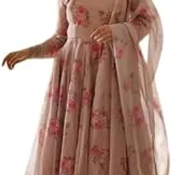 Women's Printed Georgette Stitched Fit and Flare Ethnic Wear Gown Perfect for Festival Party and Wedding (Chiku)-image-0