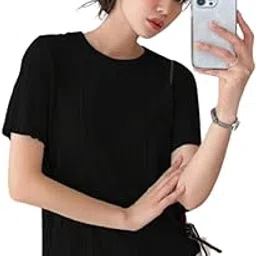 Women’s Regular Fit Crop Tops for Jeans | Round Neck T-Shirt | Korean Trendy Casual Style | Half Sleeve, Textured, Collarless | Tank & Formal Wear-image-56