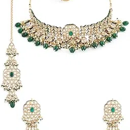 Green Kundan Artificial Stones Beads Choker Necklace Earring Maangtikka Set For Women-ZPFK18839-image-32