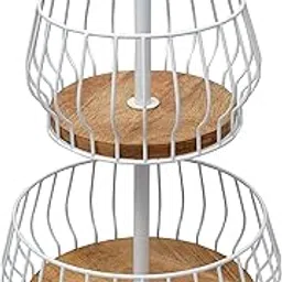Craft Brio -A TRENDY HANDICRAFTS Metal Wood 2 Tier Basket Countertop Fruit Vegetables Rack Decorative White Wire Natural Wood Basket Diwali Bowl Storage Organizer for Kitchen Home (Size: 10”X18”H)-picture-21