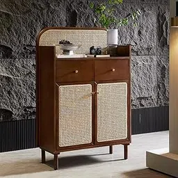 TGF Furniture Store Modern Rattan Storage Cabinet – Wooden Sideboard with 2 Drawers and 2 Cane Doors – Brown Finish – Living Room Console Cabinet-picture-13