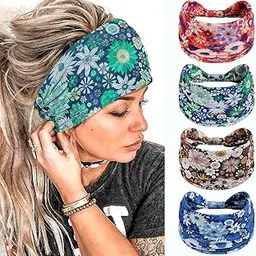 sannidhi 4Pcs Headbands Floral Stretch Head Wraps Bohemian Turban Hairbands Knotted Bandana Headband Yoga Running Head Scarfs Hair Accessories for Women-picture-21