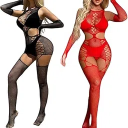 babex Pack of 2 Stretchable Nylon Womens Full Body Bodycon Dress/Babydoll (Black,Red)-STK242andSTK243-picture-37