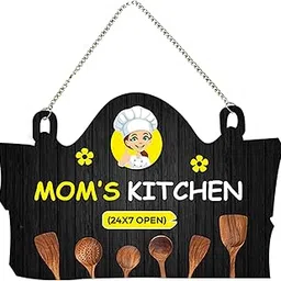 Ranovaa Wooden Wall Hanging Mom?s Kitchen | Dark Wood Style Plaque with Chef Mom Illustration | Kitchen Utensil & 24x7 Open Theme | Unique Decorative Sign Board for Restaurant Home Decor (DWA_3717)-image-8