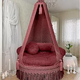 Premium Handcrafted Macramé Hanging Swing Chair with Cushions, Indoor & Outdoor Hammock for Balcony, Bedroom & Living Room (72 x 33 Inches,) Adults and Kids (Maroon)-image-48