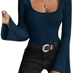 glare & blair Solid Square Neck Ribbed Long Sleeve Winter Wear Regular Top for Women-picture-24