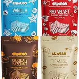 Craveto Assorted Wafer Cubes Pack of 4 | 300g (4 x 75g) | Chocolate Hazelnut, Vanilla, Red Velvet & Tiramisu Flavours | Crunchy Wafer Biscuit Qubz | Bite Sized Sweet Treats-image-1
