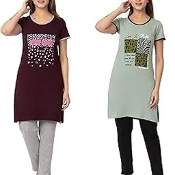 gee 5 Summer Wear Casual Nightwear Round Neck Cotton blend Comfortable and Breathable Sleepwear |Top and Bottom Set| Nightsuit For Women's Combo set (2 Pcs) image 1