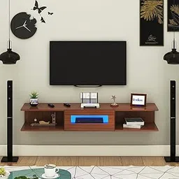 Anikaa Vetra Wall Mount Modern Floating TV Unit for Living Room with Open Shelf Storage Cabinet & Middle Cabinet Blue LED Light (Ideal for 32 to 55 inch TV, DIY Installation, Walnut Finish) image 1
