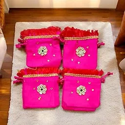VS Club Beautiful Gold Silver Coin Potli Pouches for Wedding, Baby Shower, Haldi, Mehendi | Shagun, Jewelry, Dry Fruit, Kesar Pouch Set | Chandi Sikka, Gold gINNI - Milni bag Multi Pack (PINK-12)-image-2