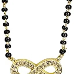 Dagina by Trupti's Crystal-Studded Infinity Pendant Necklace with Ruby Drop, Gold-Plated Chain with Black Beads-picture-39