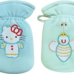 MW PRINTS Soft Cotton Baby Feeding Bottle Cover Set of 2 (60-125 ml) Embroidered Patch Cartoon Baby Bottle Covers Tote Bags, Pouch Hanging Loop on Neck, Easy to Grip Stretchable Neck Blue & Green-image-3