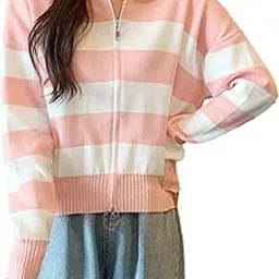 icw Women's Stretchable Knitted Ribbed Zipper Polo Collar Long-Sleeves Striped Pullover Sweater Top (ONE Size XS-S-M-L) DN55-picture-19