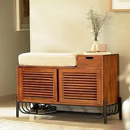 THE MUEBLES STORE Solid Sheesham Wood and Iron Shoe Rack with Sitting | Teak Brown and Beige Upholstery. | Pre-Assemble.-picture-25