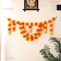 TIED RIBBONS Wall Door Hanging Artificial Marigold Flowers Garlands Bandhanwar Torans with Golden Bells -Decoration Item for Home Decor (Multi)-image-68