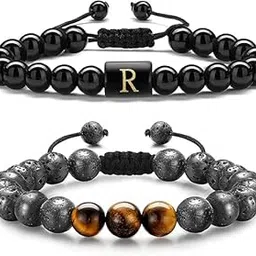 edmiria Personalized Mens Bracelet | 2 pcs | – Lava Rock & Tiger Eye Stone Beads with Initial Letter Link – Bracelet Gifts for Men, Boys, Teens-picture-19