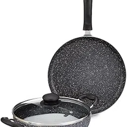 Amazon Brand - Solimo Aluminium 3 Piece Non-Stick Cookware Set|Granite Finish|Induction Base|Pfoa Free|High Temperature Resistant Exterior Coating|25 Cm Tawa,22 Cm Kadai,1 Glass Lid|Grey-image-0