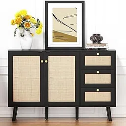 Goldview Furniture Solid Wood Rattan Storage Cabinet – White Sideboard Buffet with 2 Doors & 3 Drawers, Wooden Credenza for Dining Room, Living Room, Hallway & Kitchen (Black-h0102)-picture-21