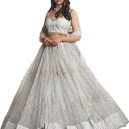 Woman's Awesome Light Grey Sequins Net Lehenga Choli-image-1
