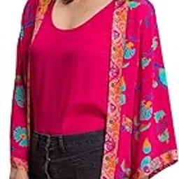 Fuchsia Stylish Floral Printed Open Front Longline Kimono Shrug with Long Sleeves in Pink Color Pack of 1-image-65