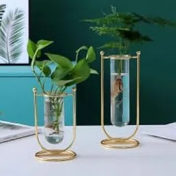 Desktop Glass Planter Hydroponics Vase Glass Propagation Station with Modern Creative Geometric Metal Frame Test Tube Vase for Home Office Decor Table Top (Set of 2)-picture-11