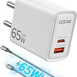 COSTAR 65W GaN Fast Charger Type C with 1.2m 3A Fast Charging Type C Cable, QC/PD Dual Port USB A + Type C, Power Adapter Plug Wall Charger for Laptop, iPhone, Samsung, Realme, Xiaomi and Vivio Oppo-picture-18