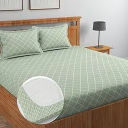 NEW LEAF Pure Cotton All Round Elastic Fitted Bedsheets for Double Bed with 2 King Size Pillow Covers 220 TC Supersoft |Wrinkel Free Bed Cover Size - 72x78+10 inches, Olive Green-picture-28