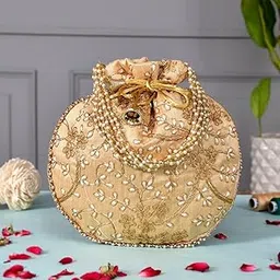 brown leaf (Pack Of 6) Ethnic Women's Embroidered Clutch Purse Pouch Drawstring Bag Wedding Favor Return Gifts For Guests (Golden)-picture-23