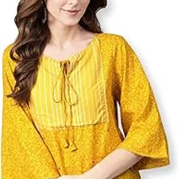 pannkh Women’s Yellow Rayon Printed Top | 3/4 Sleeve Blouse with Crew Neck, Contrast Yoke & Neck Tie-Up | Stylish Casual Ethnic Top with Mirror Work & Vibrant Print | Perfect for Daily & Festive Use-picture-13
