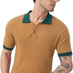 Jacquard: Mustard Men and Boys Short Sleeve Spread Collar Mustard Textured Regular Fit Cotton Textured Knit Breathable Everyday Polos-image-53