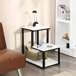 3 Tier Sofa Side Table, Modern Coffee Table Nightstands with Metal Frame and White MDF Desktop for Living Room Bed Room Decor (Black White)-image-61
