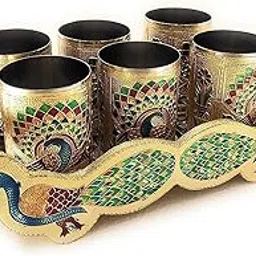 Vishal Premium Stainless Steel Meenakari Peacock Glass Set with Golden Wooden Tray- Handmade Decorative Tumblers 250ml Each, Set of 6 | Traditional Indian Drinkware, Wedding Gift, Diwali Gift-picture-14