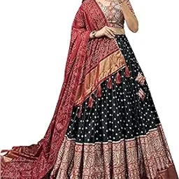 mitra biz Women's Tussar Silk With Leheriya And Foil Print Lehenga choli Set image 1