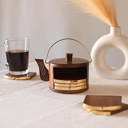 Wooden Tea Coaster Set with Kettle Shape Holder – Handcrafted Wooden Coasters for Dining Table, Tea, Coffee & Drinks | Decorative Eco-Friendly Gift for Home & Office (6 Coasters)-picture-19