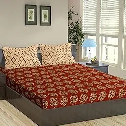Trance Home Linen 200TC 100% Cotton 78"x72" King Size Elastic Fitted Bedsheet | Printed King Size Elasticated Fitted Bedspread with 2 Pillow Covers (King 78x72 inch, Damask & Dori - Clay Red)-picture-10