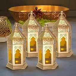 GiftCraftsWorld Elegant Moroccan Lanterns with Lantern Light Lamp and Hanging Lantern Candle Holders for Home Decor Diwali Eid Christmas Festival Gifts (Yellow, Set of 4)-image-2