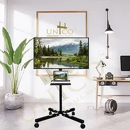 Adjustable Single Pipe Floor TV Stand Metal Black Powder Coated, Trolley Stand with Wheels, Full Motion Floor Mount-picture-24