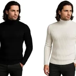 Men's Turtleneck Sweater, Ribbed Knit Design, Long Sleeve, High Neck, Black and White Colors, Winter Wear-picture-25