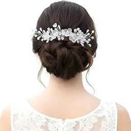 Bridal Floral Hair Vine for Wedding | White Flower Crystal & Pearl Headpiece | Flexible Updo Hair Accessory for Bride-picture-53