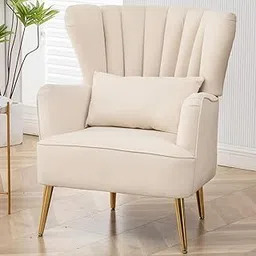 HAVEN CRAFT - Modern Accent Chair, Wingback Throw Pillow Channel Tufted Armchair with Cushion, Gold Metal Legs, Sofa for Livingroom, Bedroom, Hallway. (Beige, Single Chair)-image-2