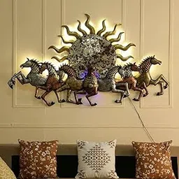 Vfrills Metal Seven Running Horses With Sunrise Wall Hanging Decor For Vastu, Living Room (48 * 28 Inches), Brown-picture-14