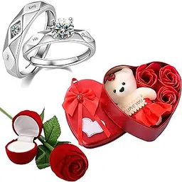 fashion frill Valentine Gift For Girlfriend Silver Couple Ring Red Rose Ring For Women Girls Men Boys Valentine's Day Gift Heartbox With Teddy Gifts For Wife Girlfriend Boyfriend His Her, Adjustable-picture-13